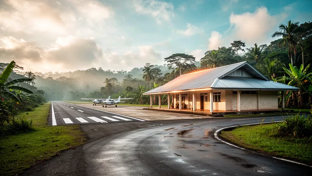 Kleines tropisches Terminal und Startbahn am Rubelsanto Airport in Guatemala, umgeben von üppigem Regenwald in warmem Nachmittagslicht.