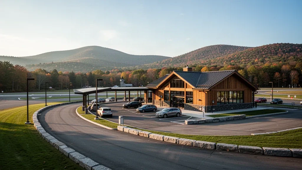 Rutland Southern Vermont Regional Havaalanı'nda Green Mountain sonbahar yapraklarıyla çevrili küçük New England terminali ve yolcu indirme şeridi