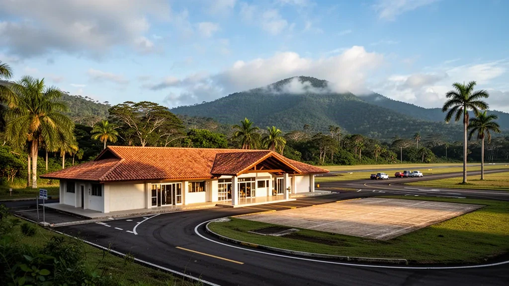 Kleines regionales Terminal und Start- und Landebahn am Flughafen Río Amarillo, der Copán Ruinas in Honduras bedient, umrahmt von grünen tropischen Hochlandhügeln.