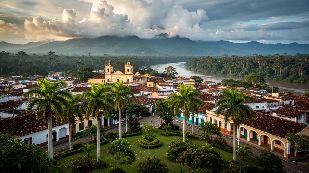 Florencia, Caquetá, Colombia all'ora d'oro: tetti in terracotta, piazza orlata di palme e torri di chiese incorniciate dalle colline della foresta amazzonica