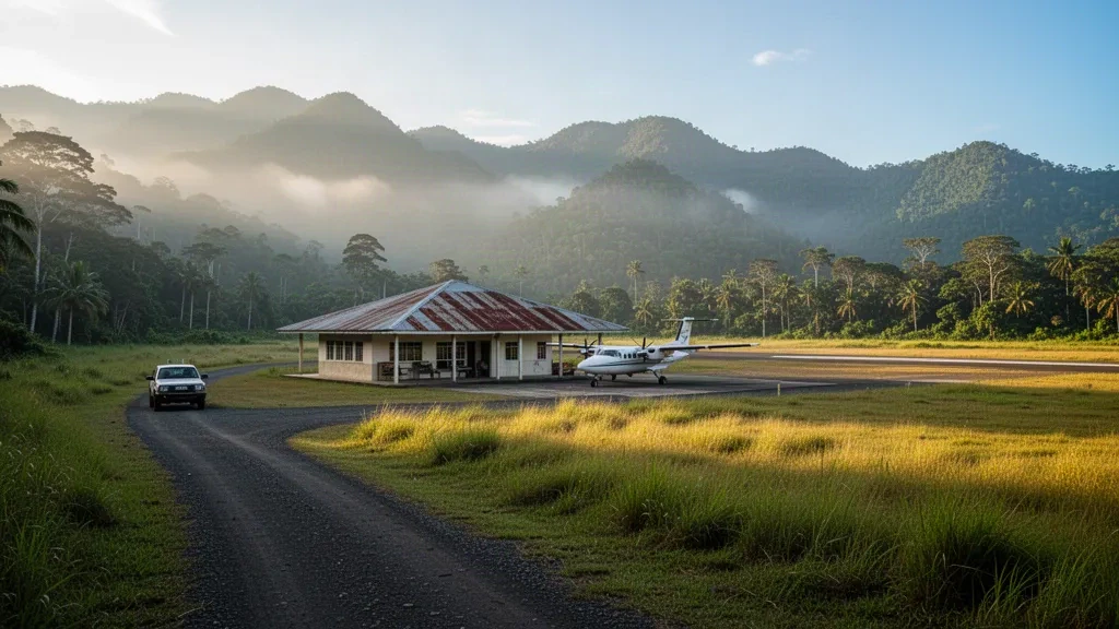 Abgelegene Hochlandpiste mit kleinem Terminal am Ruti Airport in Papua-Neuguinea, umrahmt von nebligen tropischen Bergen im sanften Morgenlicht