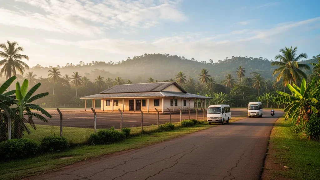 Petit terminal d'aéroport régional tropical et tarmac tranquille à Farafangana, Madagascar, encadrés de palmiers dans une lumière chaude de fin d'après-midi