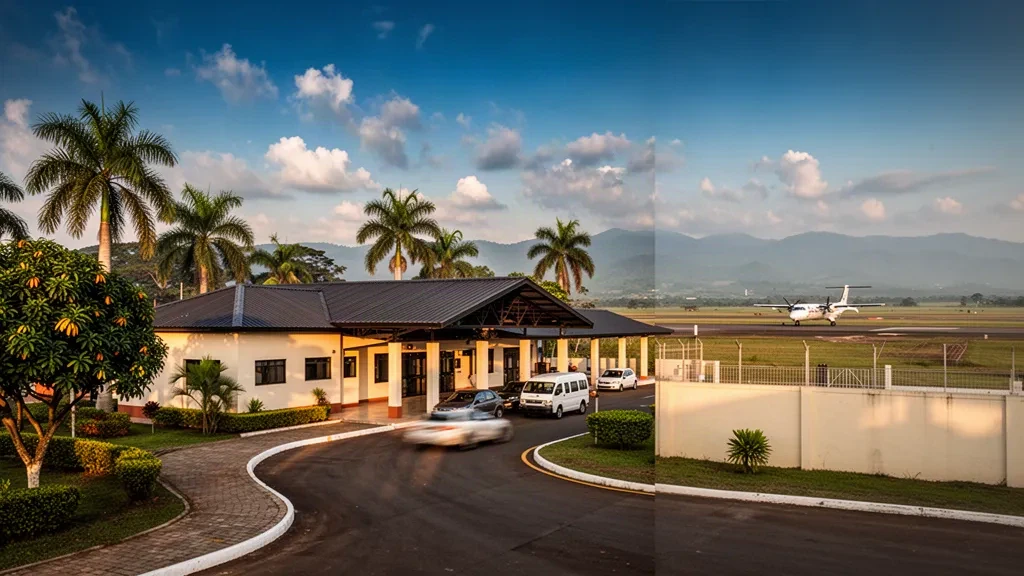 Low-rise terminal, palm-lined drop-off lane and runway at Los Colonizadores Airport in Saravena, Colombia, at golden hour.