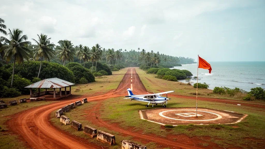 Kleine tropische Landebahn und Gras-Helipad in River Cess in Liberia, mit einem Leichtflugzeug, rotem Erdpfad und Palmen bei hellem äquatorialem Licht