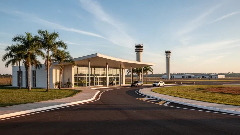Moderner Terminaleingang und Bringspur am Flughafen General Leite de Castro in Rio Verde, Goiás, Brasilien, im Licht der goldenen Stunde