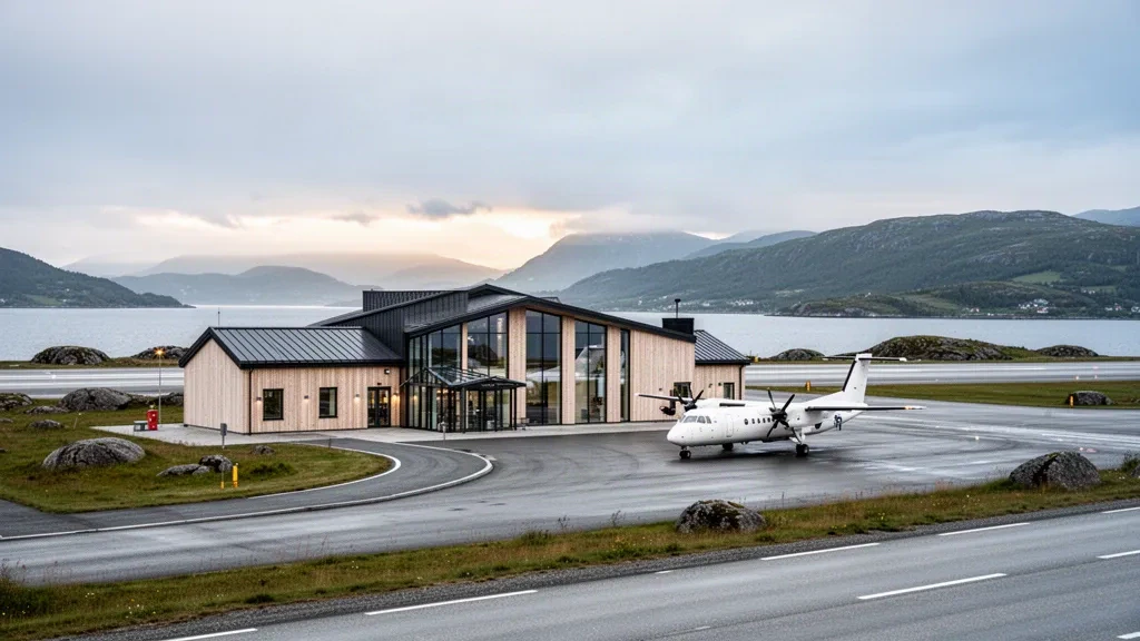 Modern terminal and parked turboprop at Rørvik Airport, Ryum on the Norwegian coast under soft Nordic light
