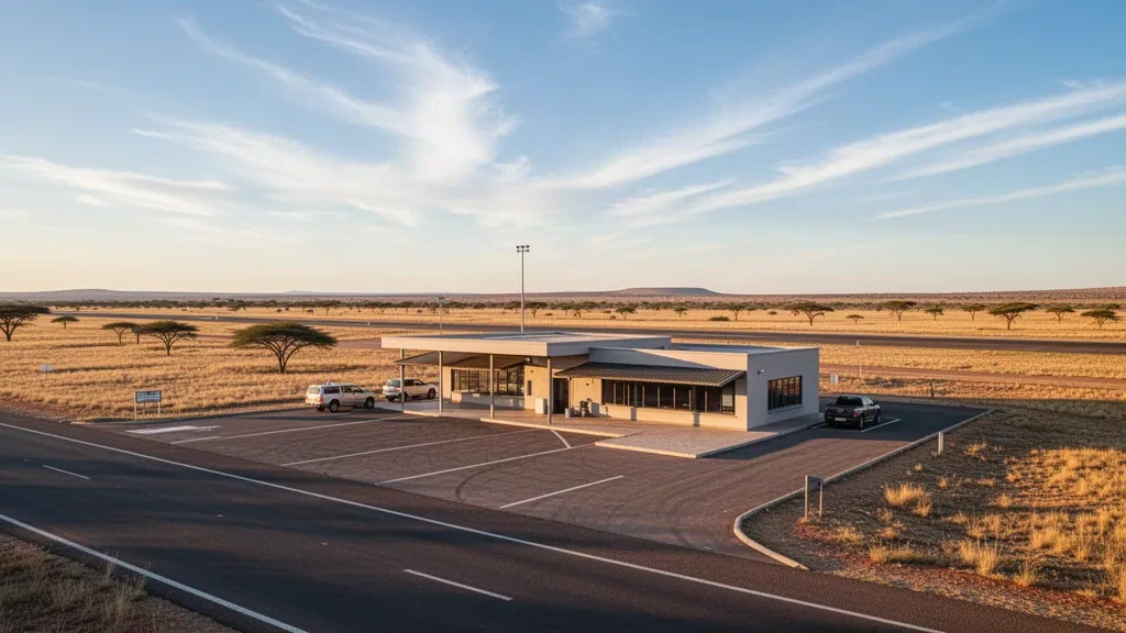 Reivilo Airport terminal and runway in South Africa with golden hour light and open sky for travel website hero