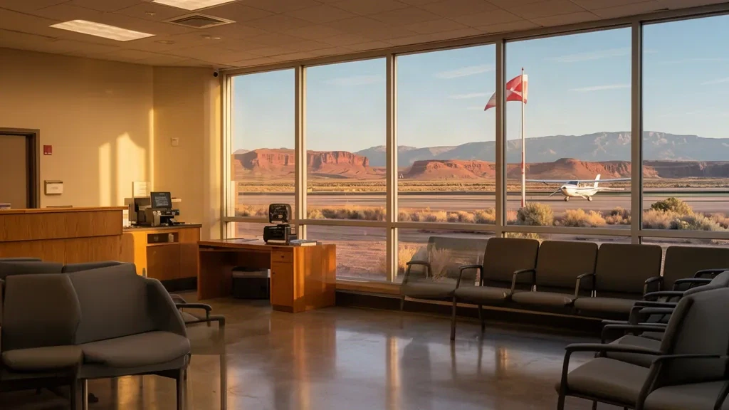 Interior view of Green River Municipal Airport RVR terminal with waiting area and runway view