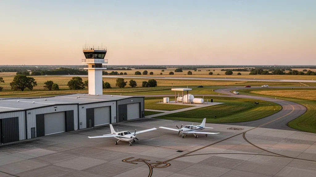 Hangars der allgemeinen Luftfahrt, Leichtflugzeuge und Kontrollturm auf dem Vorfeld des Tulsa Riverside Airport zur goldenen Stunde