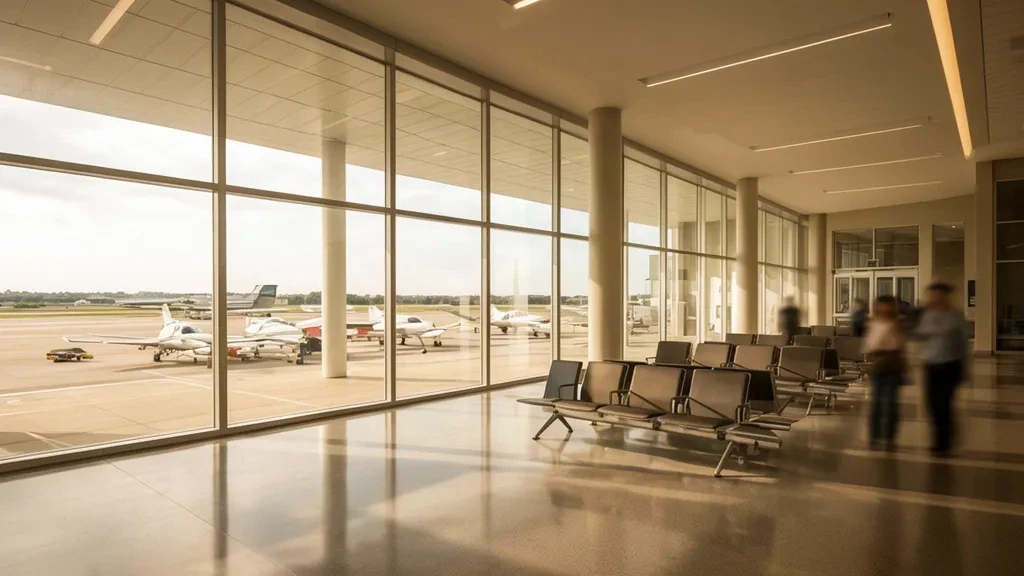 Vista interior de la terminal del Aeropuerto Tulsa Riverside con asientos modernos y grandes ventanales que dan a la plataforma.