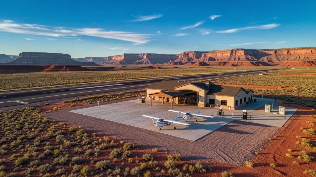 Vue large de l'aéroport municipal de Green River dans l'Utah, montrant sa piste en milieu désertique, son petit terminal et les mesas de grès rouge à l'heure dorée.