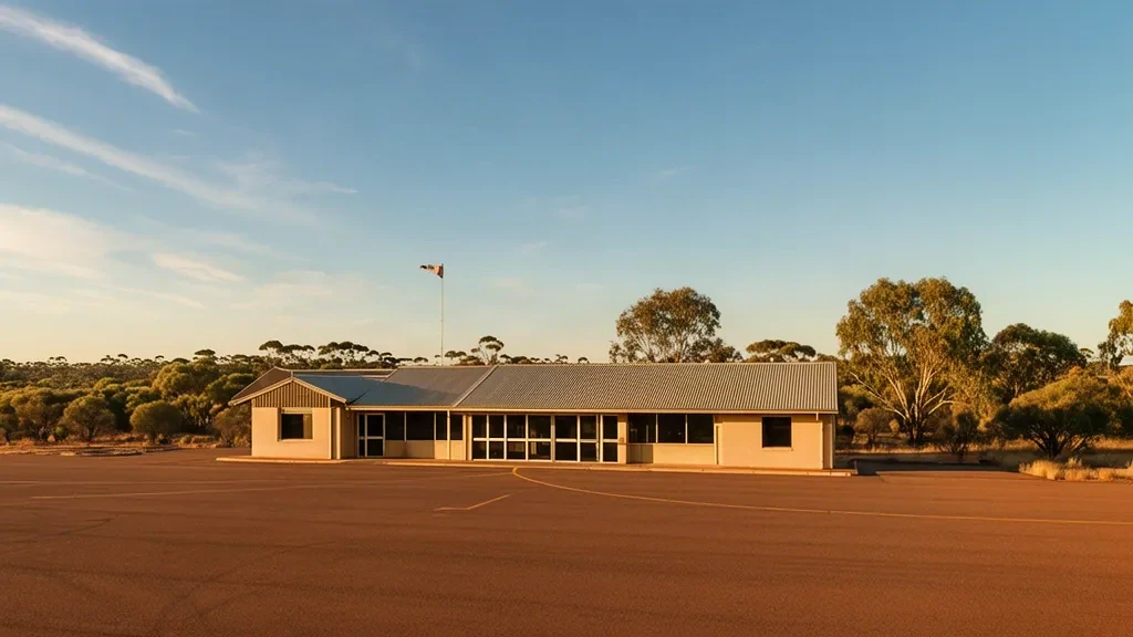 Pequeño edificio terminal regional en el aeropuerto de Ravensthorpe RVT en Australia Occidental bajo un amplio cielo del outback