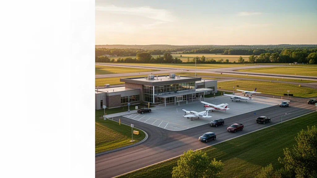 Modernes Terminalgebäude am Redwood Falls Municipal Airport mit einer Start- und Landebahn und geparkten Flugzeugen unter klarem Himmel.