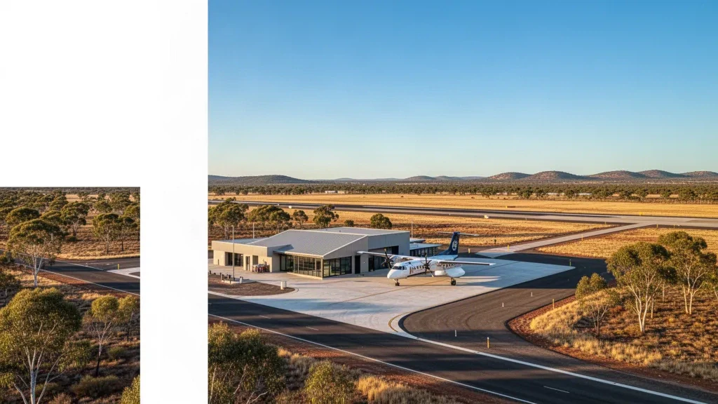 Terminal et piste de l'aéroport de Ravensthorpe en Australie-Occidentale avec un petit avion à l'heure dorée.