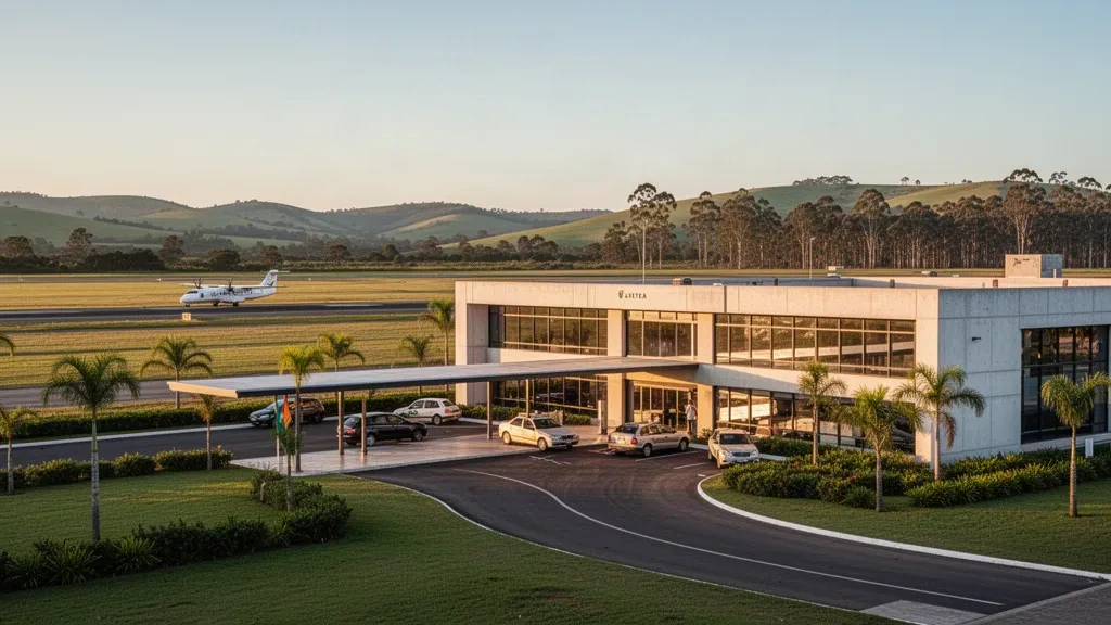 Low-rise glass terminal and drop-off lane at Pres. Gral. Óscar D. Gestido Binational Airport in Rivera, Uruguay, at golden hour