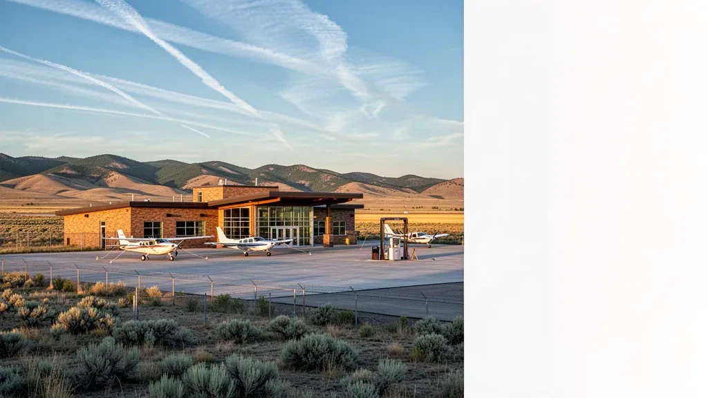 Eingeschossiges Terminal und Vorfeld der Allgemeinen Luftfahrt am Rawlins Municipal Airport in Wyoming unter einem weiten Himmel der Hochwüste am Abend