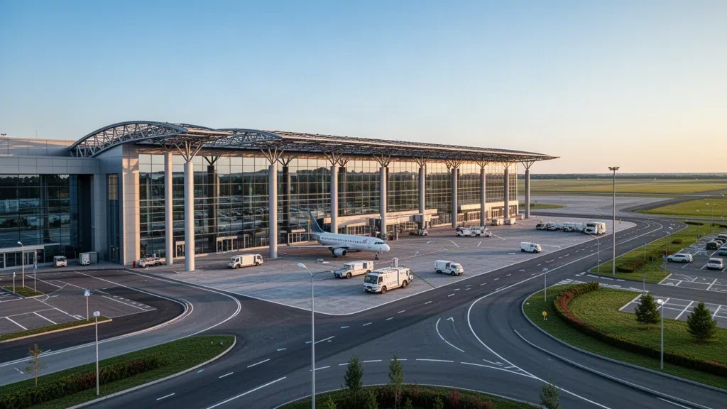 Extérieur moderne du terminal de l'aéroport international de Rivne avec façade en verre, voie de circulation et avion sous une lumière dorée en Ukraine.