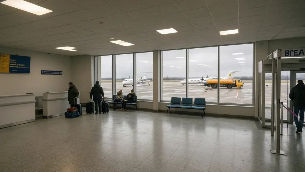 Hall d'enregistrement baigné de soleil à l'intérieur de l'aéroport international de Rivne avec des voyageurs et un petit avion visible sur le tarmac à travers de grandes fenêtres