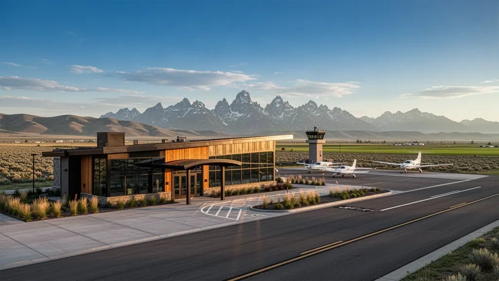 Terminal et aire de trafic de l'aéroport de Rexburg-Madison County avec de petits avions, la chaîne des Teton se profilant au loin dans l'est de l'Idaho