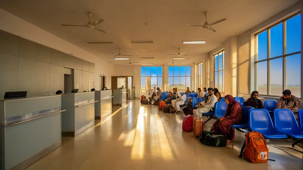 Innenansicht der Abflughalle am Shaikh Zaid Airport in Rahim Yar Khan, Pakistan, mit Check-in-Schaltern, wartenden Passagieren und warmem Sonnenlicht