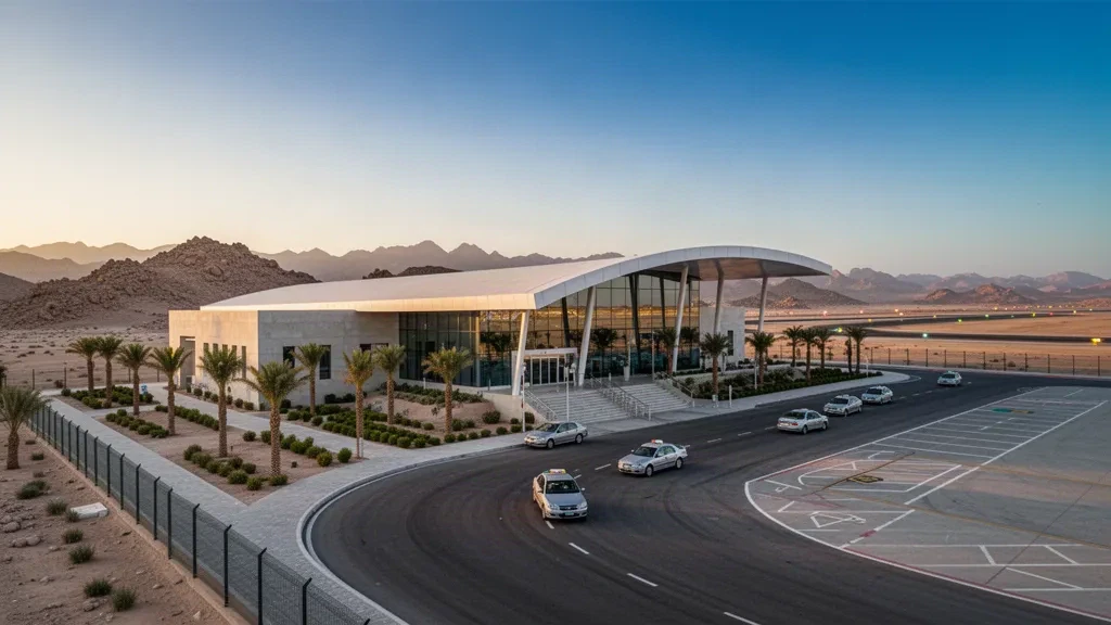 Facciata del moderno terminal dell'aeroporto di Ar Rawdah, corsia di sbarco bordata di palme e colline desertiche durante l'ora d'oro in un'ampia vista architettonica di viaggio.