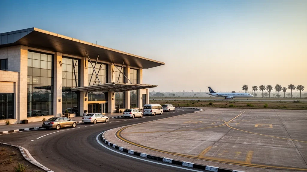 Rahim Yar Khan'daki Shaikh Zaid Havalimanı'nda altın saat ışığı altında modern terminal dış cephesi ve bırakma şeritleri