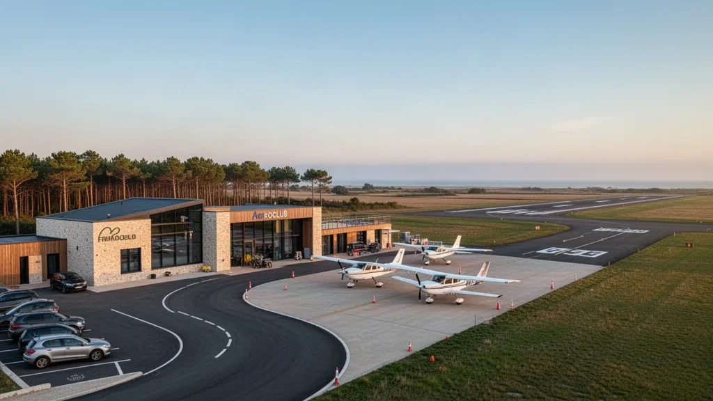 Low-rise terminal and drop-off forecourt at Royan-Médis Airport in coastal France under warm late-afternoon light