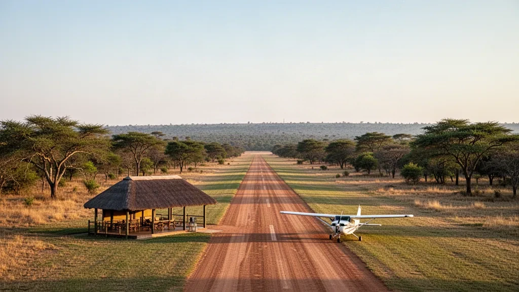 Ein abgelegener Buschlandeplatz nahe der Royal Zambezi Lodge in Sambia, umrahmt von Savanne und Flussbäumen in warmem afrikanischem Licht.