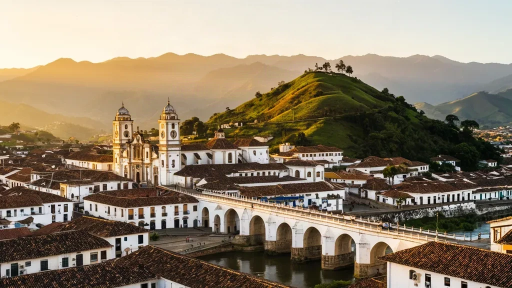 Golden-hour view of Popayán, Cauca, Colombia, with its whitewashed colonial centre, Humilladero bridge and Andean skyline.