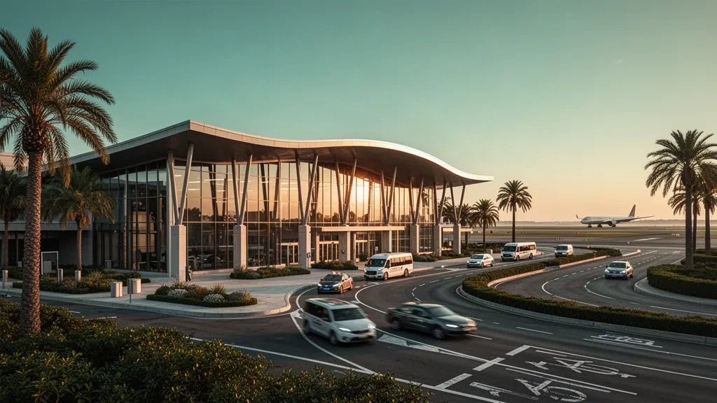 Modern glass terminal and curved drop-off roadway at Santa Cruz Airport during golden hour, framed by palm trees