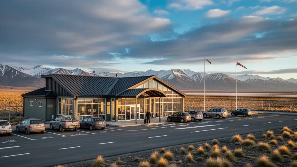 Terminal de vidrio baja y estepa patagónica azotada por el viento en el Aeropuerto 28 de Noviembre, cerca de Río Turbio, Santa Cruz, bajo un cielo austral dramático
