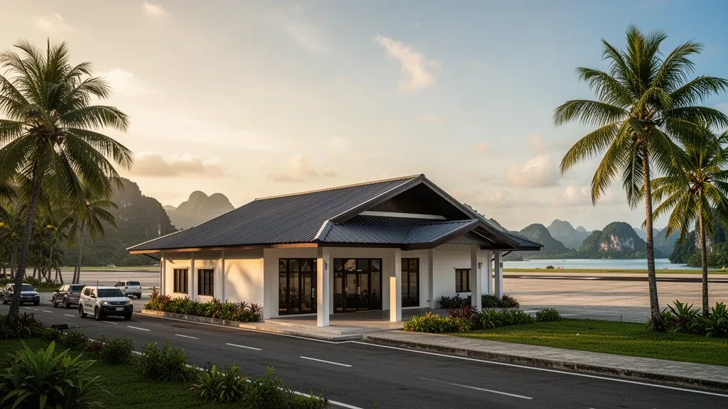 Tropisches Terminal und palmengesäumte Vorfahrt am Cesar Lim Rodriguez Airport in Taytay, Palawan, beleuchtet von warmem Licht zur goldenen Stunde