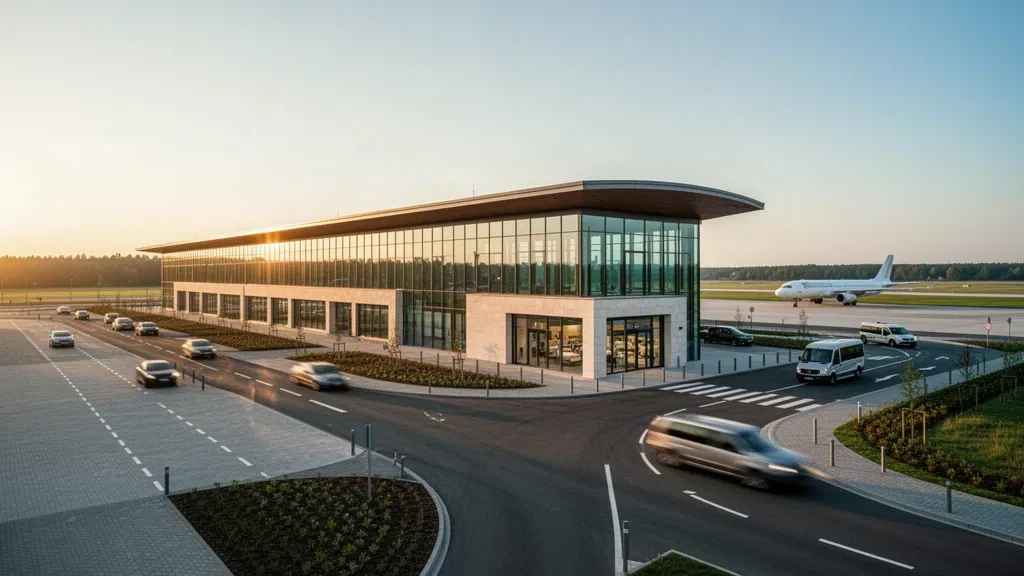 Esterno moderno del terminal in vetro e corsie di sosta all'Aeroporto di Rzeszów-Jasionka nella calda luce dorata del tramonto, con un aereo parcheggiato sullo sfondo.