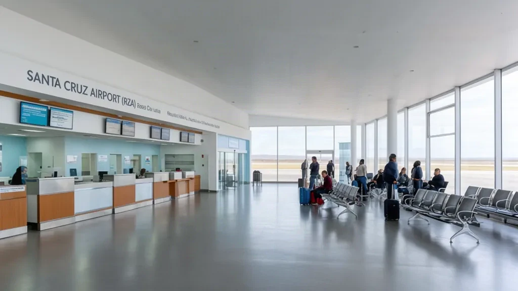 Interno del terminal dell'aeroporto di Santa Cruz RZA con banchi check-in, area di attesa e grandi finestre affacciate sul piazzale.