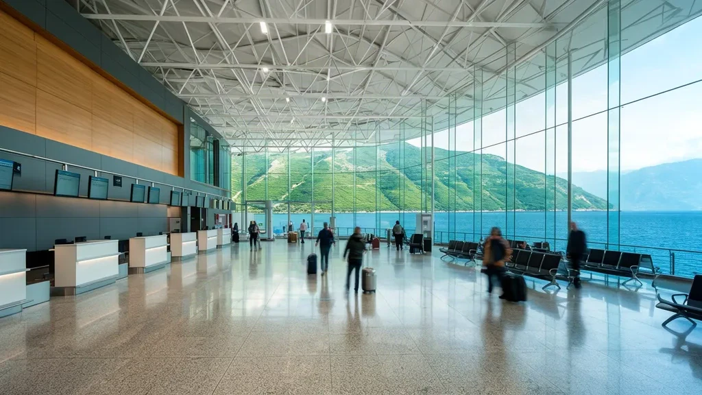 Interno moderno del terminal dell'Aeroporto di Rize–Artvin con banchi check-in e finestre affacciate sul Mar Nero e sulle montagne verdi