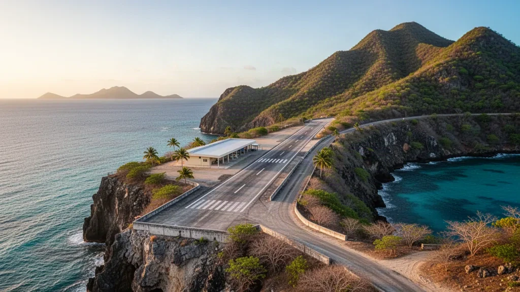 Pista de aterrizaje al borde del acantilado y pequeña terminal del Aeropuerto Juancho E. Yrausquin en Saba, enmarcados por colinas verdes y el mar Caribe turquesa