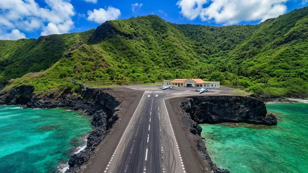Aéroport Juancho E. Yrausquin à Saba, montrant sa courte piste au sommet d'une falaise, son petit terminal et la mer des Caraïbes turquoise