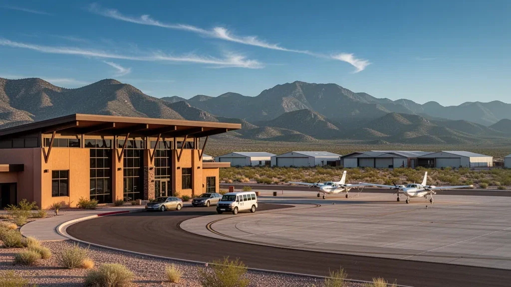 Terminal et tarmac de l'aéroport régional de Safford avec de petits avions, montagnes désertiques du sud-est de l'Arizona à l'heure dorée