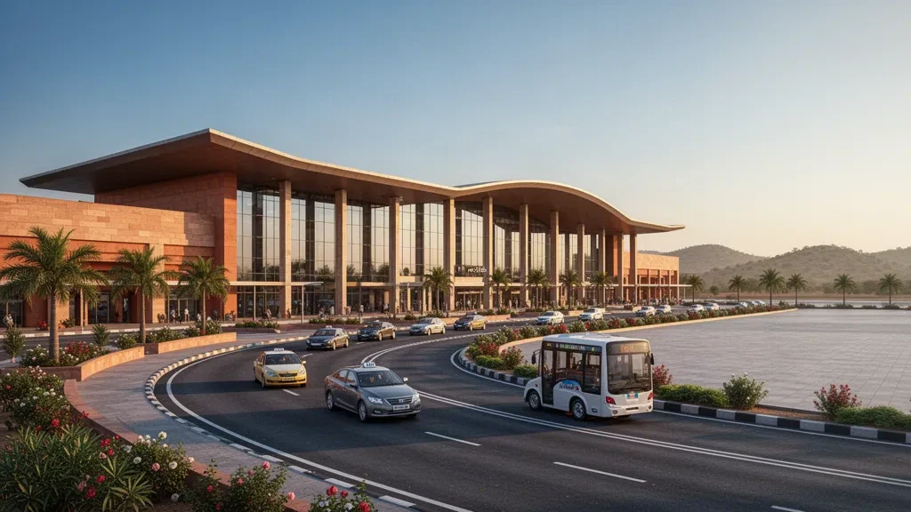 Modern curved-roof glass terminal and curbside drop-off lane at Shirdi International Airport in Maharashtra at golden hour