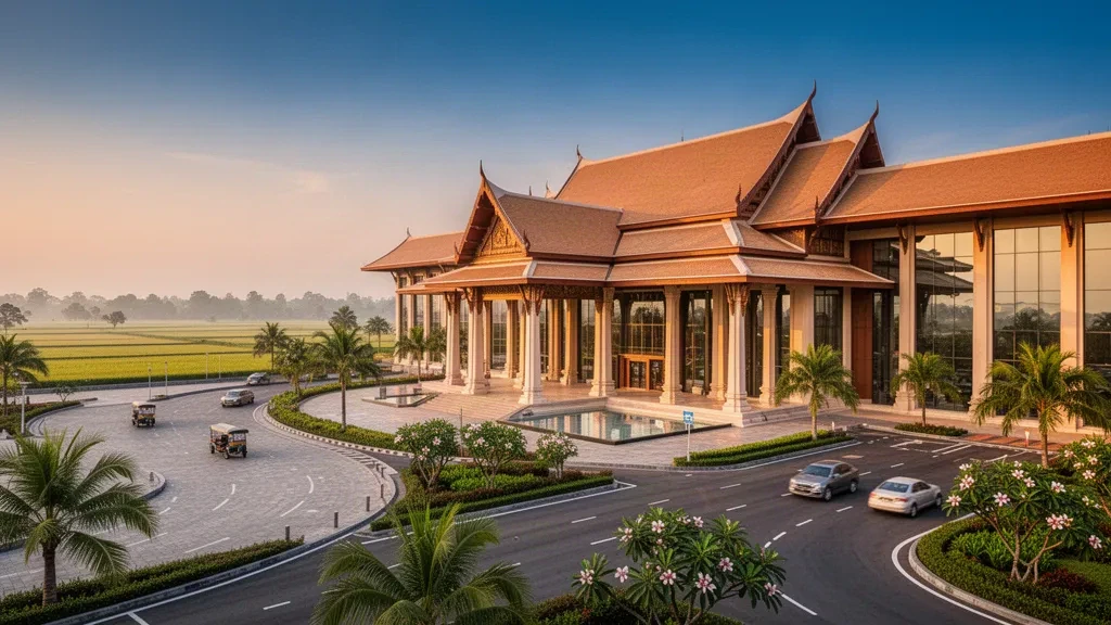 Terminal moderne d'inspiration khmère et voies de dépose à l'aéroport international de Siem Reap-Angkor à l'heure dorée