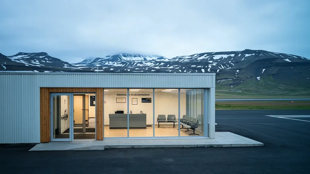 Kleines Terminalgebäude und Wartebereich am Flughafen Sauðárkrókur in Nordwestisland mit Bergen über Skagafjörður