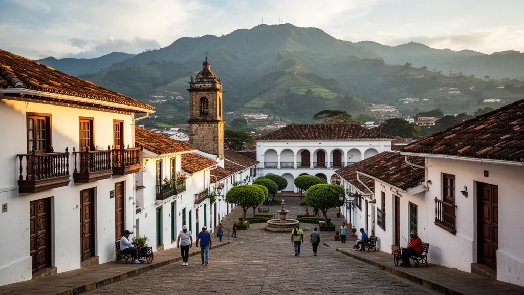 Calles coloniales encaladas y tejados de terracota de Popayán, capital del Cauca, Colombia, iluminados en la hora dorada bajo las estribaciones de los Andes