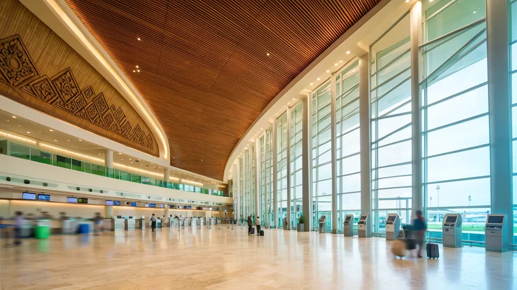 Kamboçya'daki Siem Reap-Angkor Uluslararası Havalimanı'nda Khmer esintili mimariye sahip, gün ışığıyla aydınlanan modern terminal iç mekânı