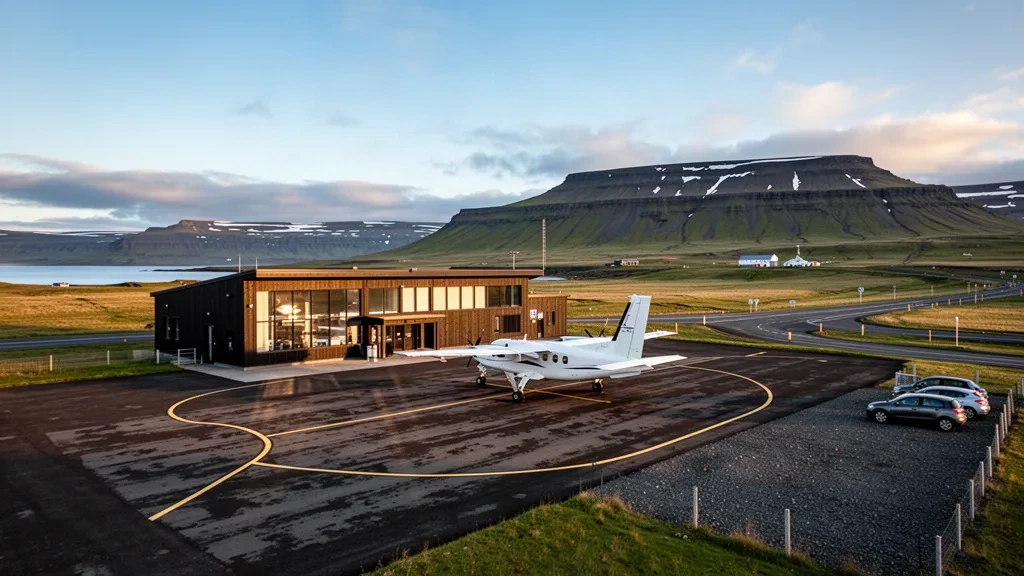 Piccolo terminal aeroportuale regionale islandese vicino a Sauðárkrókur con un aereo bimotore ad elica sul piazzale e montagne sullo sfondo