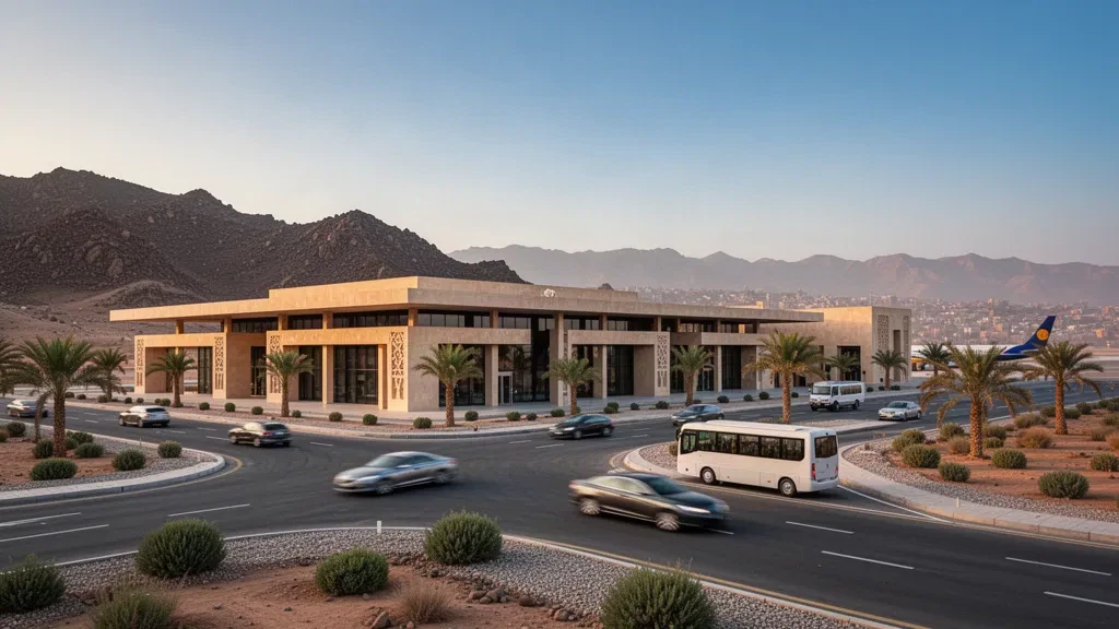 Esterno moderno del terminal e strada di accesso per la riconsegna all'Aeroporto Internazionale di Sana'a sull'altopiano yemenita all'ora del tramonto