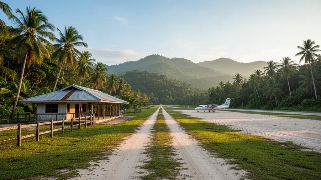 Tropische Insel-Landebahn und kleines offenes Terminal am Salamo Airport in Papua-Neuguinea im warmen Licht der goldenen Stunde