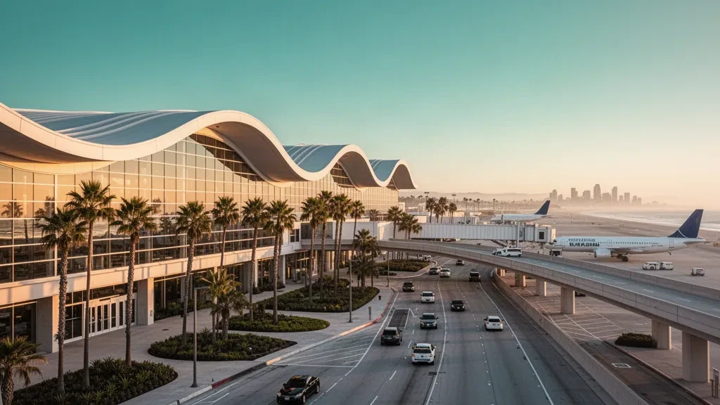 Cam duvarları, palmiye ağaçları ve kapıdaki bir uçakla modern San Diego Uluslararası Havalimanı terminalinin altın saat görünümü