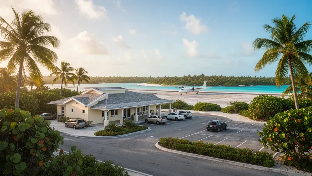 Flaches tropisches Terminal und palmengesäumtes Vorfeld am Flughafen San Andros auf den Bahamas, mit türkisfarbenem karibischem Wasser dahinter