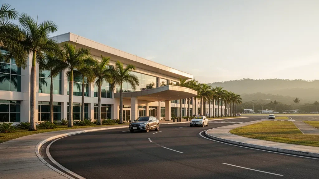Terminal moderne et voie de dépose bordée de palmiers à l'aéroport international Ramón Villeda Morales à San Pedro Sula, Honduras