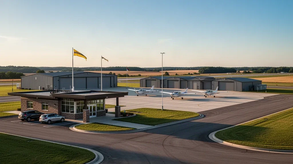 Single-engine aircraft and hangars on the apron at Sparta Community Airport-Hunter Field in rural Illinois at golden hour
